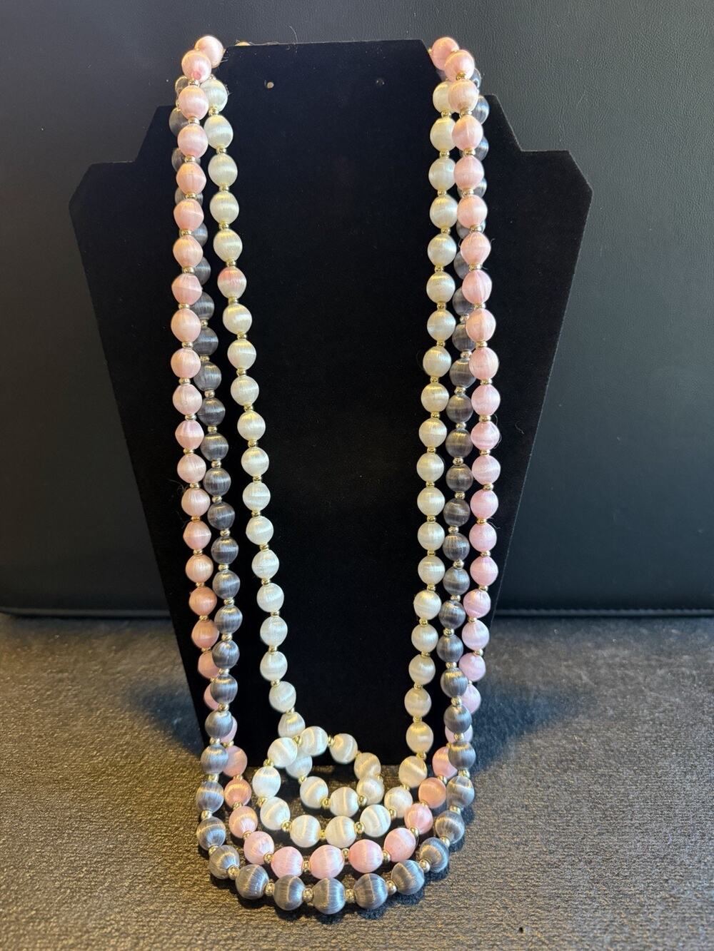 Vtg 1970s Satin Thread Wrapped Bead Necklace Lot of 3 Pastel Pink Gray Cream MCM